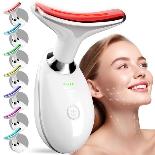 7 Color Neck Face Massager Tool, Facial Massager with Vibration Tech, Rechargeable Face Culpting Wand for Skin Care (White)