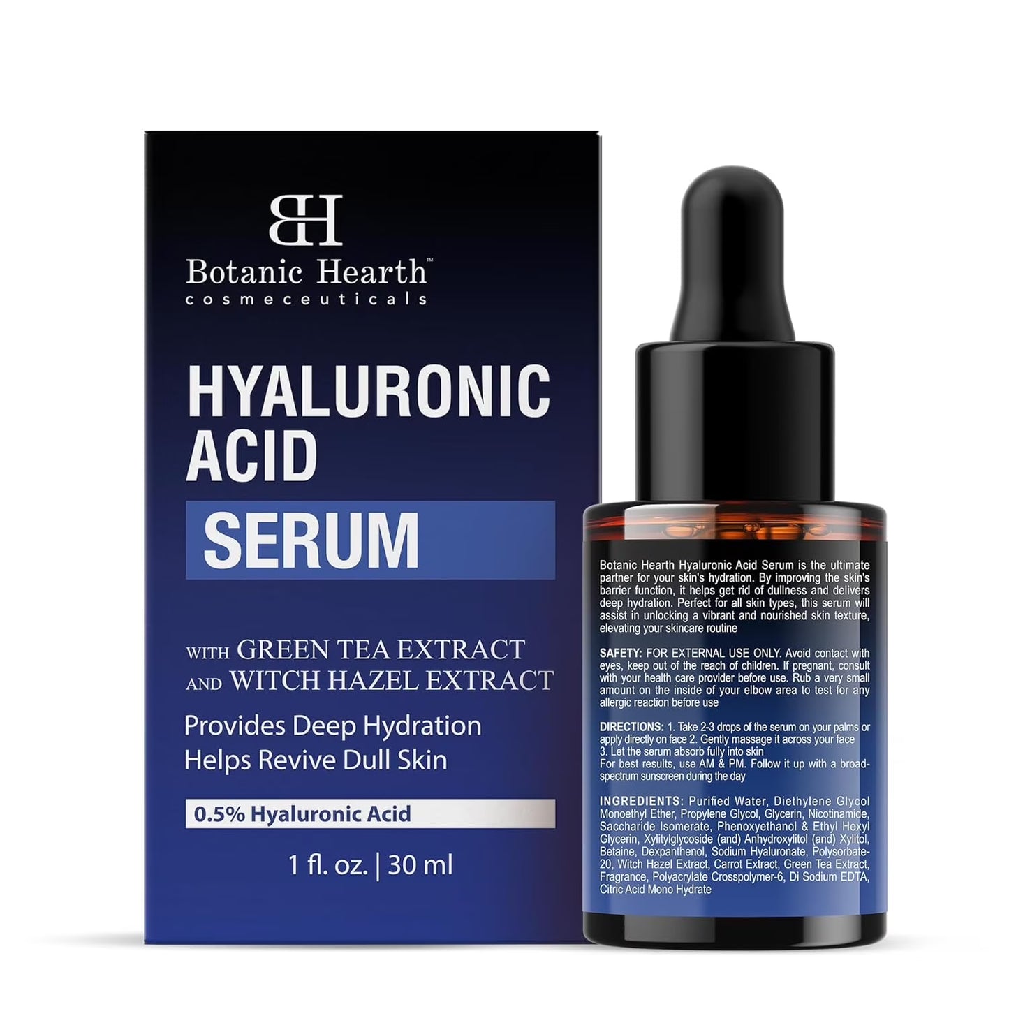 0.5% Hyaluronic Acid Serum for Face with 2% Niacinamide, Witch Hazel & Green Tea Extracts | Hydrating & Moisturizing | Helps Reduce Wrinkles & Fine Lines | All Skin Types | 1Fl Oz