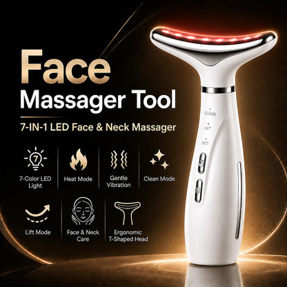 Face and Neck Massager, 7-Color LED Facial Massager Wand with Warm Care, Vibrating Face Massager, Rechargeable Handheld Beauty Tool for Daily Skin Care, Radiant-Looking Skin at Home