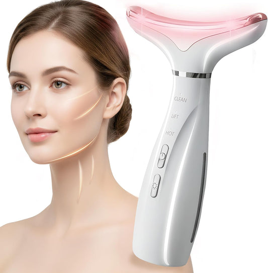 Face and Neck Massager, 7-Color LED Facial Massager Wand with Warm Care, Vibrating Face Massager, Rechargeable Handheld Beauty Tool for Daily Skin Care, Radiant-Looking Skin at Home